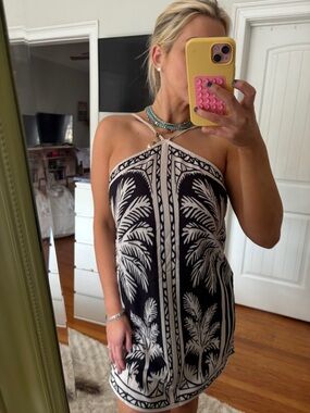 Palm Print Strapless Mini Dress in Black & Cream